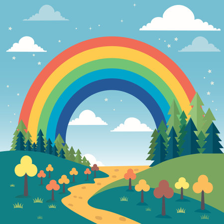 Rainbow in the forest. landscape with a rainbow. vector illustration. flat designのイラスト素材