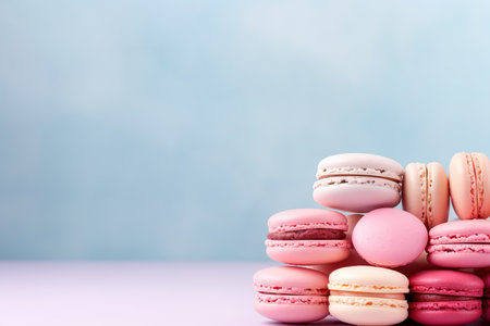 Colorful macaroons on a blue background with copy space.の素材