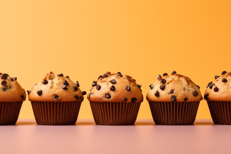 Chocolate muffins with chocolate chips in paper cups on orange yellow background with copy spaceの素材