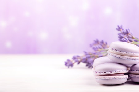 Macaroons with lavender flowers on light background, closeup, copy spaceの素材