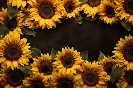 Beautiful sunflowers on dark background, top view. Space for textの素材