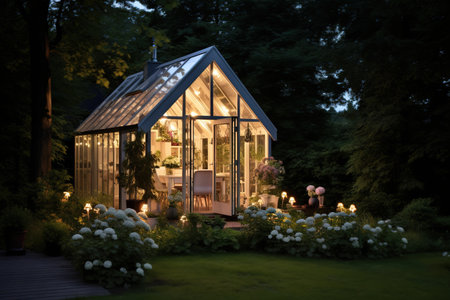 Beautiful gazebo in the garden at night with candlesの素材