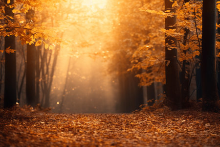 Autumn forest with fog and sunlight. beautiful nature background. fall season.の素材