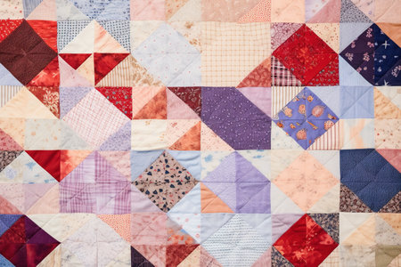 Colorful patchwork quilt background. Close up of a patchwork quilt.の素材