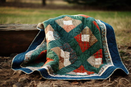 Colorful patchwork blanket on a wooden benchの素材