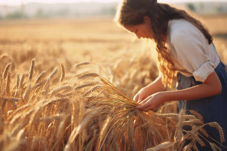 Beautiful young woman in wheat field at sunset. harvesting conceptの素材