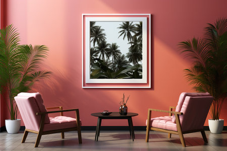 Interior of living room with pink armchairs, coffee table and palm trees posterの素材