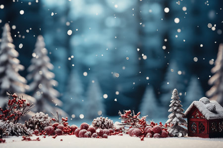 Christmas greeting card. Festive decoration on snow. New Year concept. Copy space.の素材