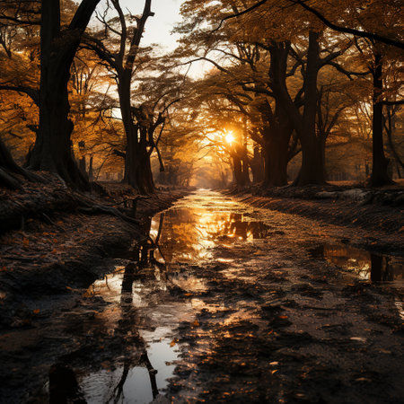 Autumn forest with sun rays reflected in the puddle. Sunsetの素材