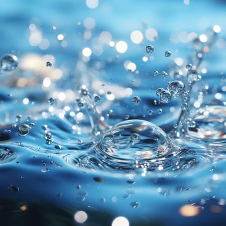Water drops with bokeh on blue background. Shallow depth of fieldの素材