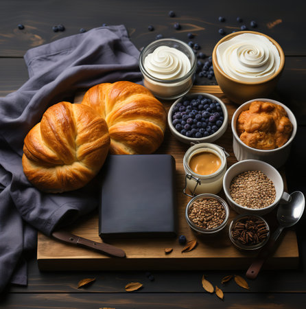 Breakfast with croissants on dark wooden background.の素材