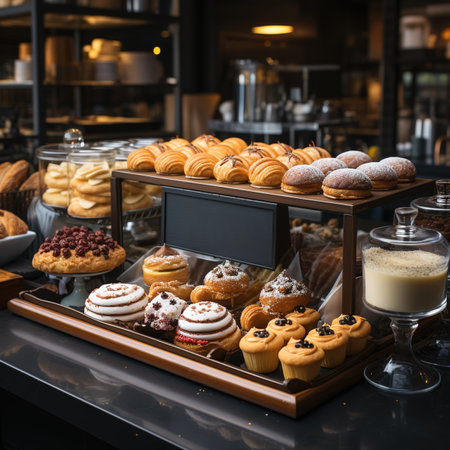 Coffee shop counter with assortment of pastries and cakes.の素材