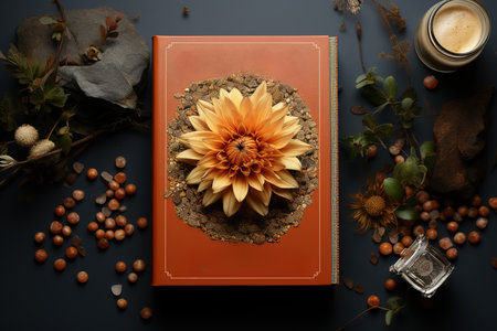 Autumn composition with dahlia flower on old book on dark backgroundの素材
