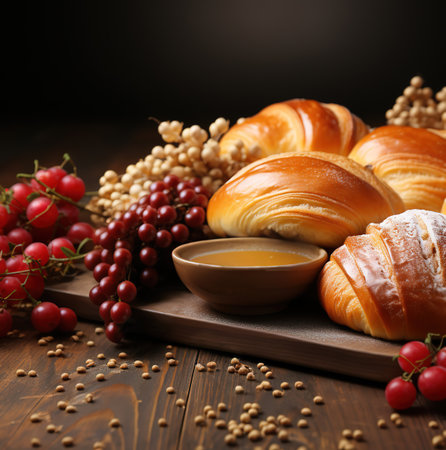Fresh croissants on wooden board with honey and berries on dark backgroundの素材