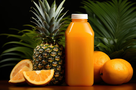 Orange juice in a bottle and fresh fruits on a black background.の素材