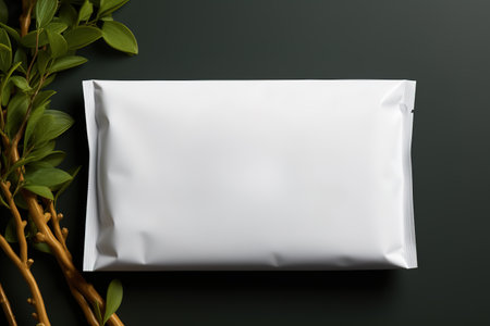 Blank white packaging on black background with green leavesの素材
