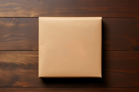 Brown gift box on wooden background. Top view with copy space.の素材