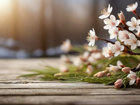 Cherry blossoms on a wooden table. Spring background with flowers. Copy space for your textの素材