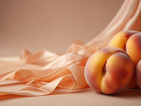 Ripe peaches and silk fabric on a beige background. Space for textの素材