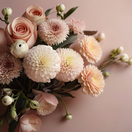 Bouquet of pink and white roses and dahlias on pink backgroundの素材
