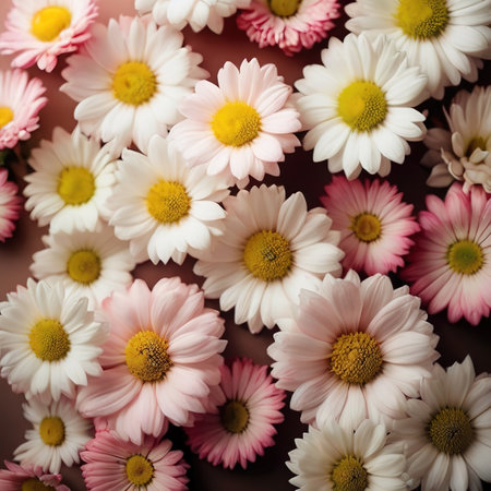 White and pink daisies background. Flat lay, top view.の素材