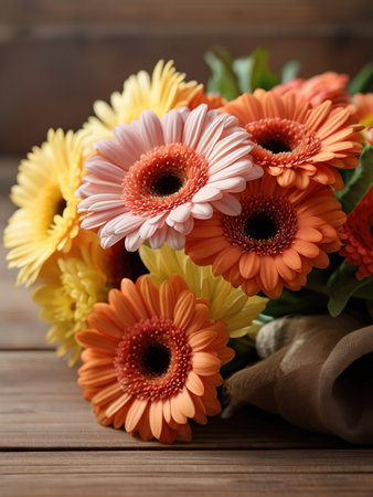 Bouquet of beautiful gerberas on wooden background, closeupの素材