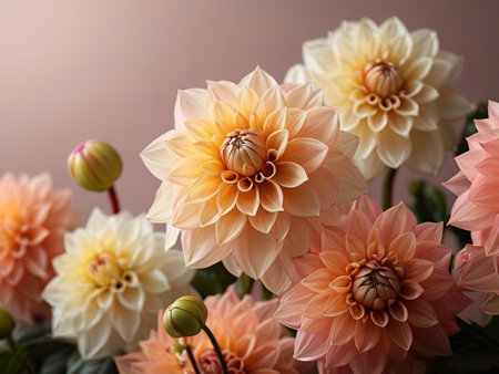 Beautiful dahlia flowers in vase on light background, closeupの素材