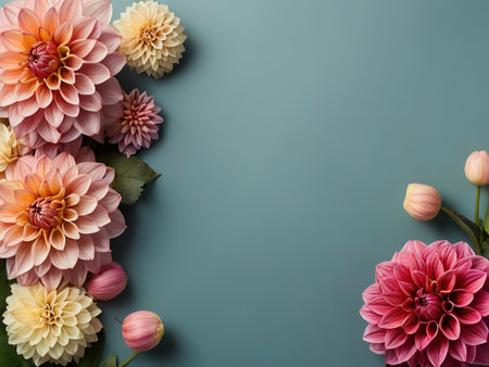 Colorful dahlia flowers on blue background with copy space.の素材