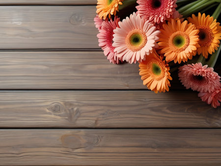 Bouquet of gerbera flowers on a wooden background with copy spaceの素材