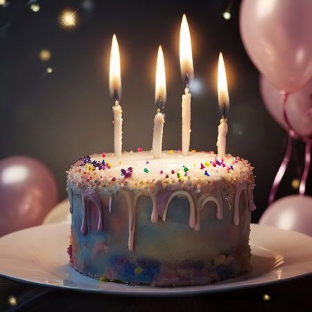 Birthday cake with burning candles and balloons on a dark background.の素材
