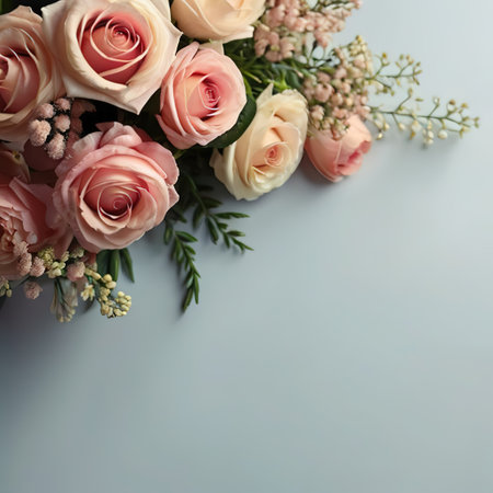 Bouquet of pink roses and gypsophila on blue backgroundの素材