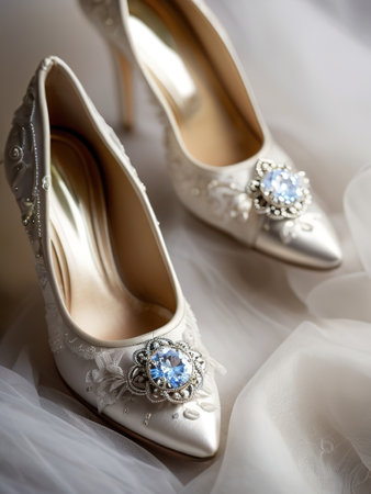 Wedding shoes with blue crystals on the background of a white veilの素材