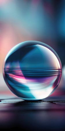 Transparent glass ball with reflection on colorful background.の素材