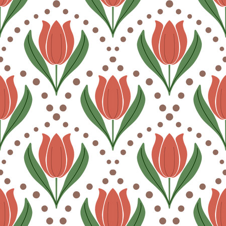 Seamless pattern with red tulips on a white background.の写真素材