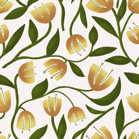 Seamless pattern with yellow tulips and green leaves on white backgroundの写真素材