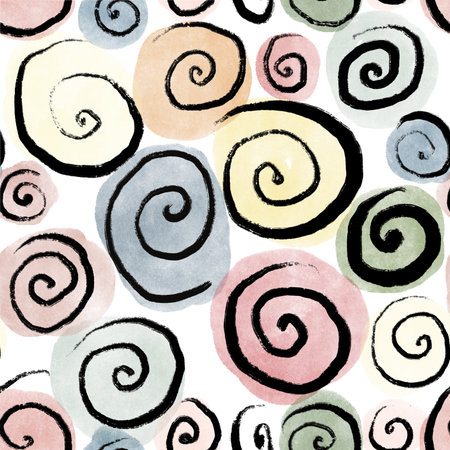 Seamless watercolor hand drawn pattern with swirls, spirals, curves, circles.の写真素材