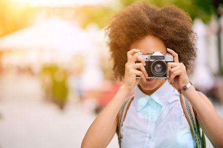 Mixed race tourist exploring new cityの写真素材