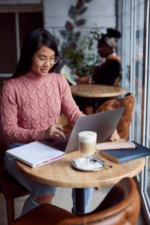 A happy multicultural college girl is sitting in a coffee shop and doing assignment on a laptop.の写真素材