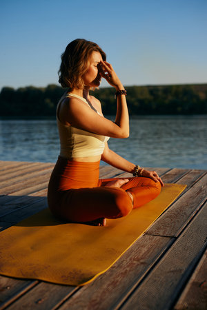 A calm woman in the lotus pose sits on a dock and practices yoga breathing near the river.の写真素材