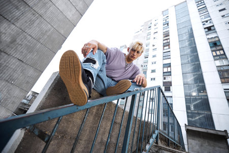 A teenage boy is sitting in an urban exterior surrounded by buildings.の写真素材