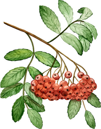 Hand drawn watercolor illustration of rowan branch with berries and leavesのイラスト素材