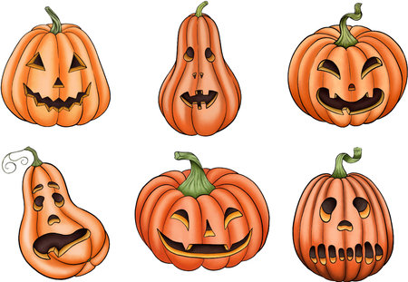 Set of Halloween pumpkins with different expressions isolated on white background.のイラスト素材