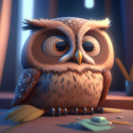 A cute owl is sitting on a table in a room. 3D rendering.の素材