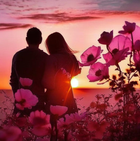 Couple looking at the sunset over the sea and pink flowers.の素材