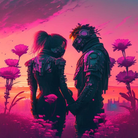 Couple of lovers in a gas mask on the background of the sunsetの素材