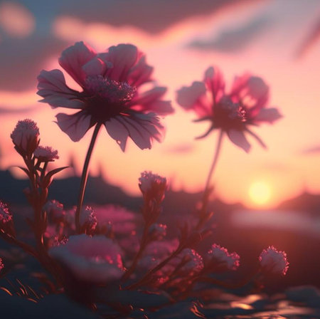 Beautiful pink flowers on the background of the setting sun in the rays of the setting sunの素材