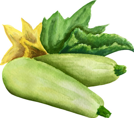 Green zucchini and yellow flower on white background. watercolor illustrationのイラスト素材