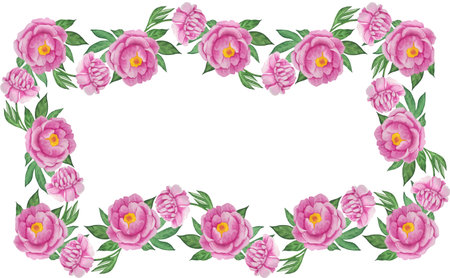 Vector Illustration of peony flowers with green leaves on a white backgroundのイラスト素材