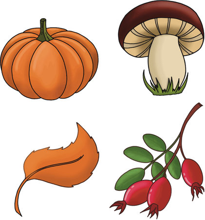 Illustration of a set of pumpkins, mushrooms and autumn leavesのイラスト素材