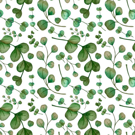 Watercolor seamless pattern with eucalyptus leaves and branchesの写真素材